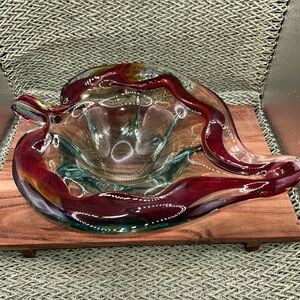 Vintage Murano Style  Art Glass Leaf Shaped Footed Dish, Red/orange/green